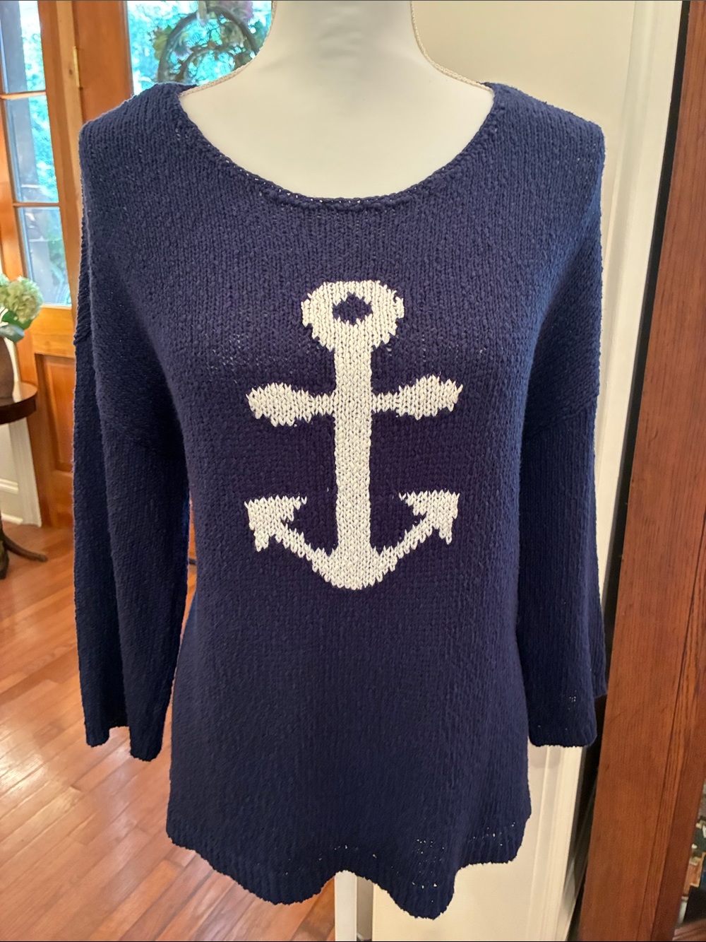 Tribal Nautical Navy Sweater with White Anchor Graphic Intarsia Knit